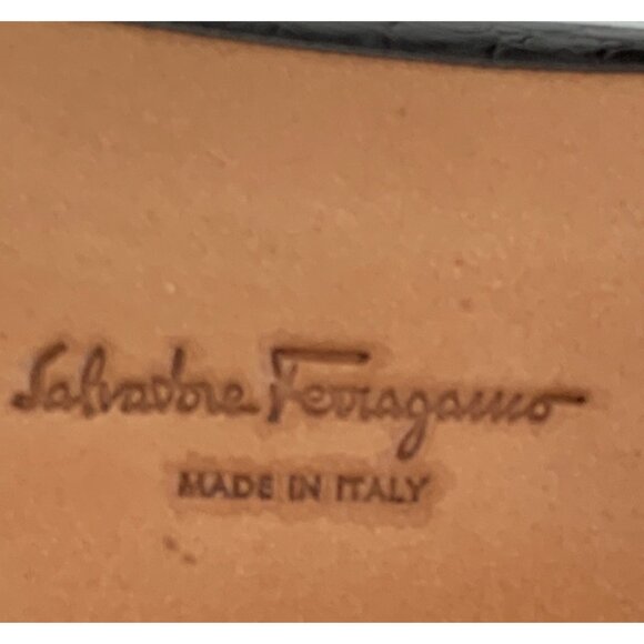 VTG 8.5B Ferragamo Croc Embossed Brown Leather Pumps 7891 Chunky Heel Career - Picture 5 of 12